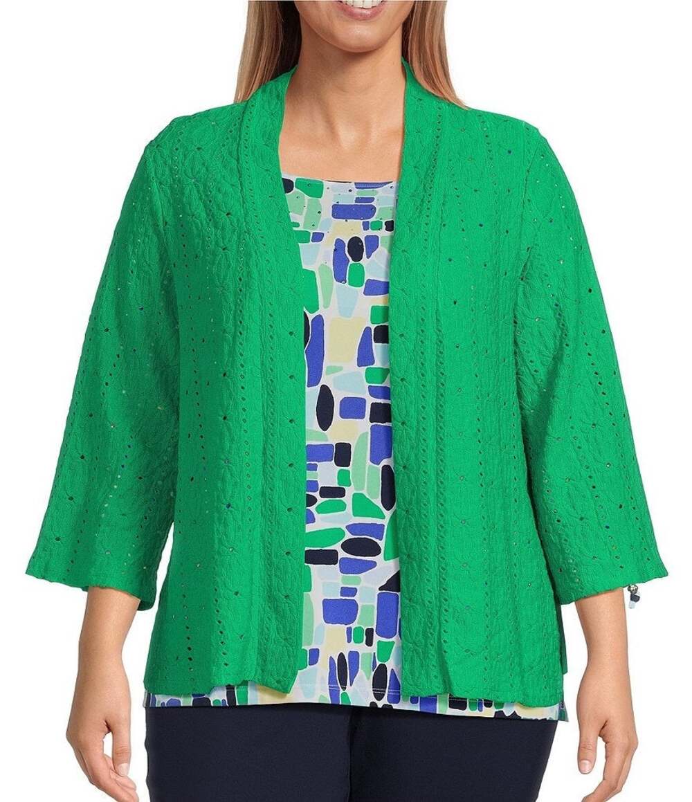 Allison Daley Floral Eyelet Knit 3/4 Sleeve Open Front Cardigan Size 2X